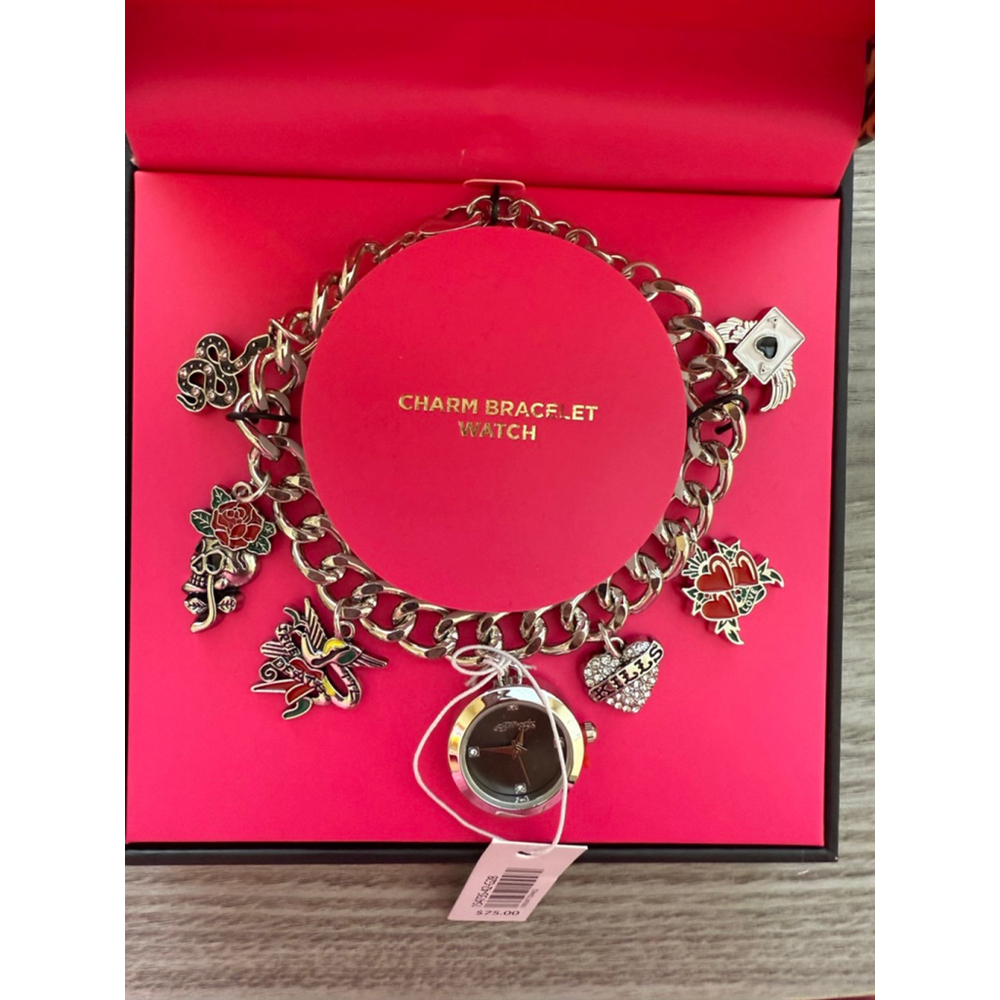Women's Ed Hardy Silver & Black Charm Bracelet Watch, One Size